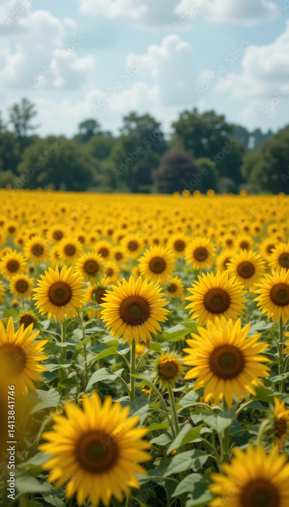 Fototapeta premium Vibrant yellow sunflowers bask in soft sunlight extending to a tranquil green horizon. AI Generated