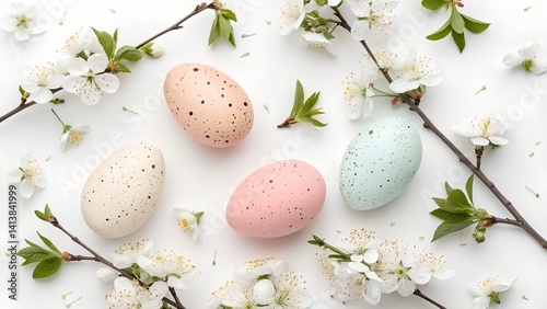 Happy Easter composition for easter design. Elegant Easter eggs and spring flowers on mint background.