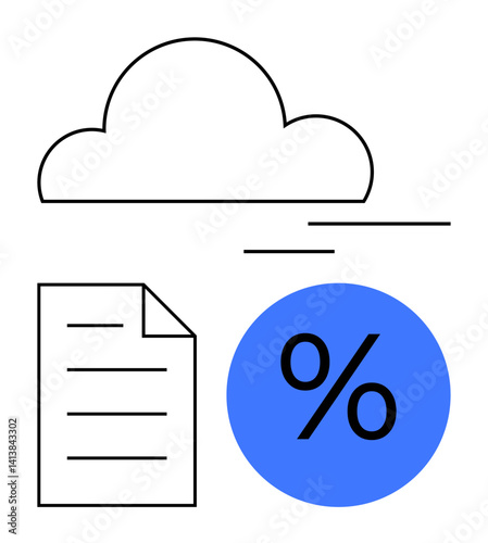 Cloud hovering over a document and percentage symbol, suggesting data storage, analysis, sharing, and backup. Ideal for technology, analytics, finance, marketing education business flat simple