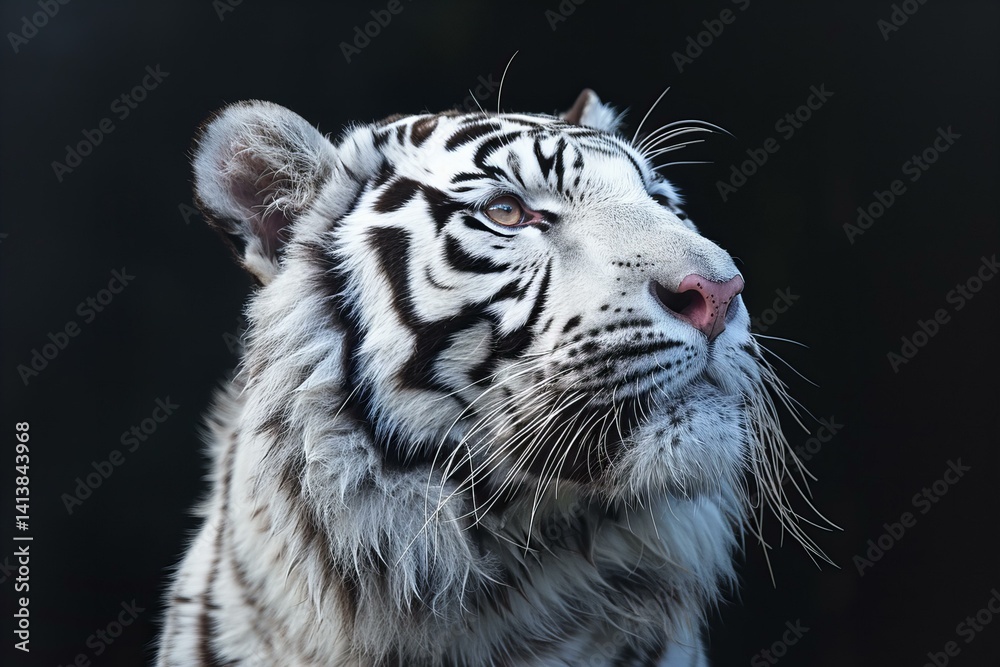 Obraz premium White tiger, black background, symmetrical portrait, looking at camera, high resolution.