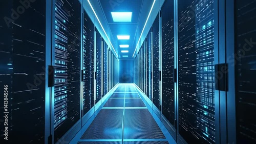 Data Center Server Room with Blue Lights and Data Transfer Visualizations