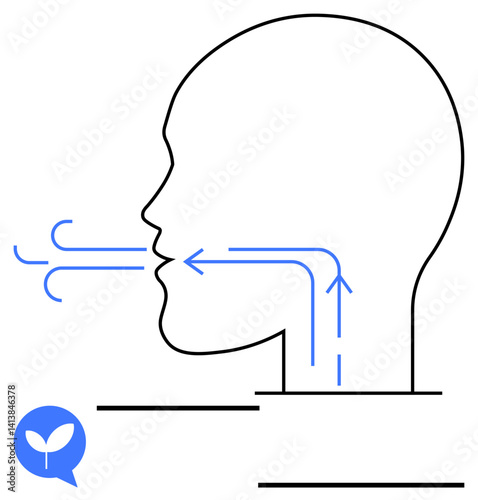 Side profile of a human head silhouette with airflow arrows indicating inhalation and exhalation. Ideal for anatomy, respiration, healthcare, education, medical research, science communication