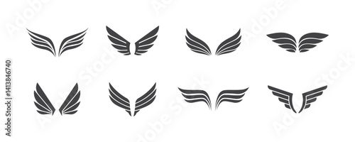 Set of black wings icons. Bird wings, wings logo, angel wings. Wing Collection in different shape isolated on white background