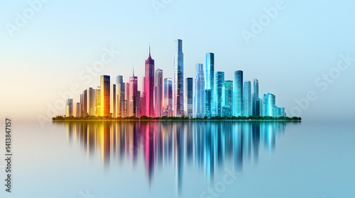 Colorful Futuristic Cityscape Reflection on Water Calm Urban Skyline