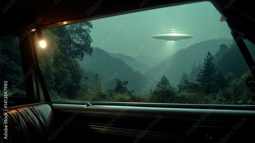 Naklejka premium Mysterious UFO Over Mountainous Landscape at Night from Car Window