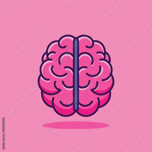 Pink human brain cartoon icon top and of side view on isolated pink background