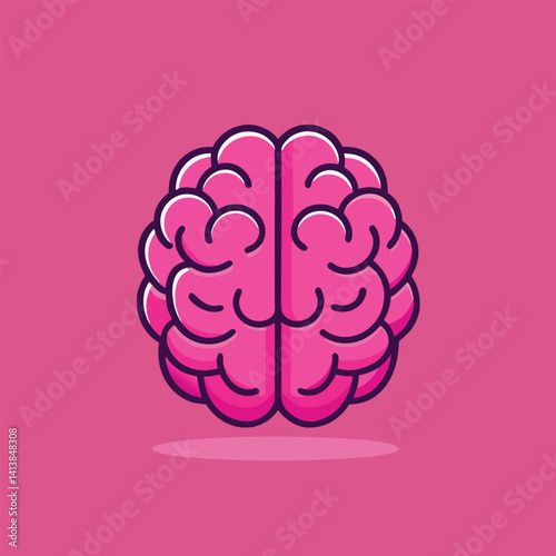 Pink human brain cartoon icon top and of side view on isolated pink background