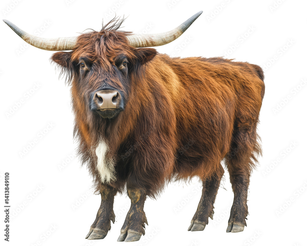 Highland cattle with long horns and thick fur, standing confidently against plain background. This majestic animal embodies strength and resilience, showcasing its unique features Highland cattle with long horns and thick fur, standing confidently against plain background. This majestic animal embodies strength and resilience, showcasing its unique features