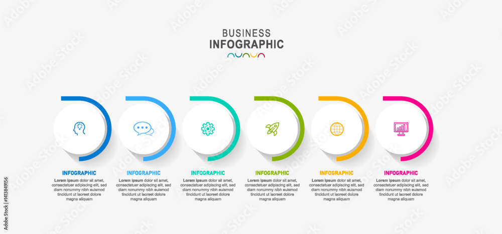 Fototapeta premium infographic 6 options workflow diagram, circle timeline infograph, process steps chart. Linear vector infographics. Process order infographic and steps point illustration