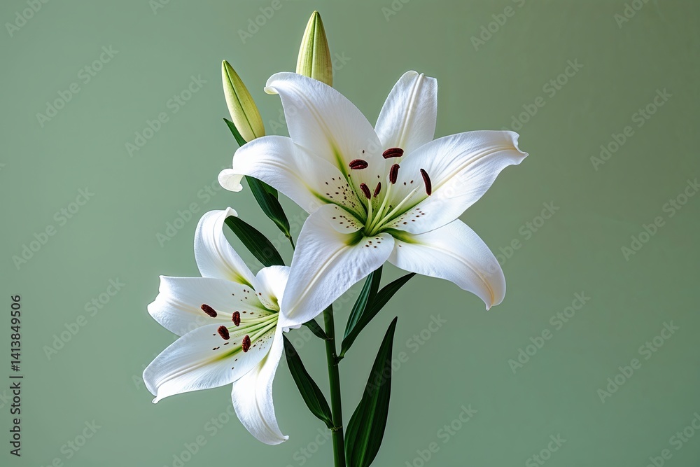 Fototapeta premium Delicate White Lily Flower Isolated on Pale Green Background