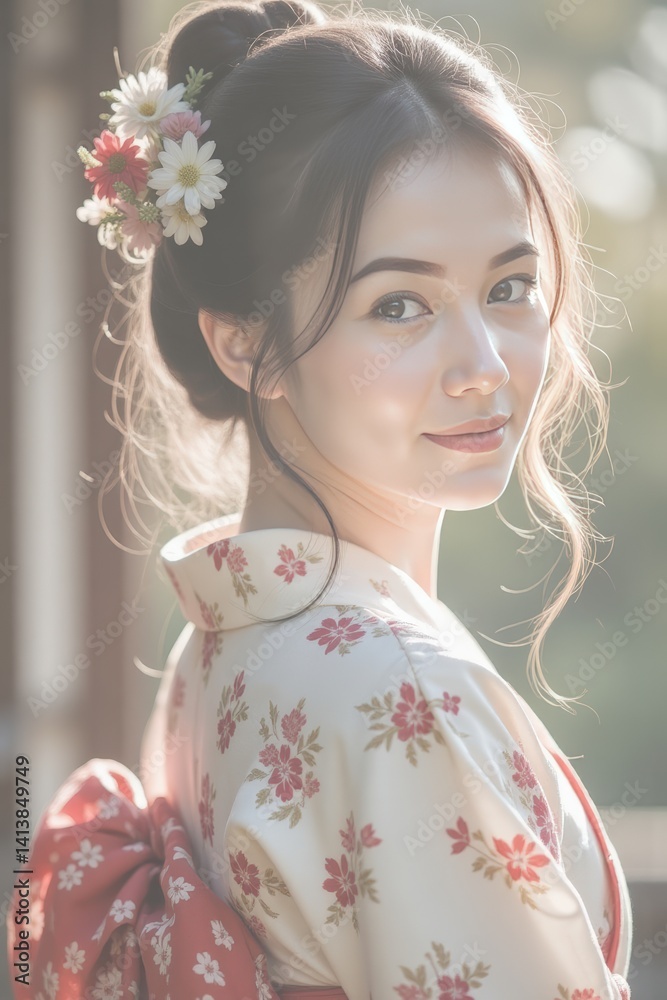 Beautiful young woman in floral kimono with flowers in her hair, looking over her shoulder Beautiful young woman in floral kimono with flowers in her hair, looking over her shoulder