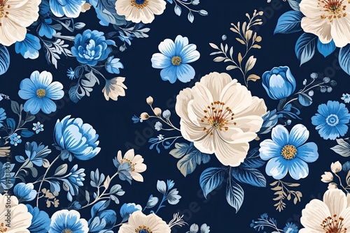 Beautiful Classic Floral Design Background with Blooming Flowers and Blue Colors