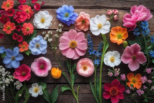 Floral Garden Flowers on a Wooden Background with Beautiful Colorful Blossoms