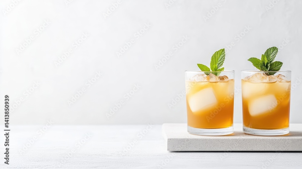 Fototapeta premium Refreshing iced tea cocktails, garnished with mint sprigs. Two glasses filled with ice and a light amber-colored beverage, resting on a white surface