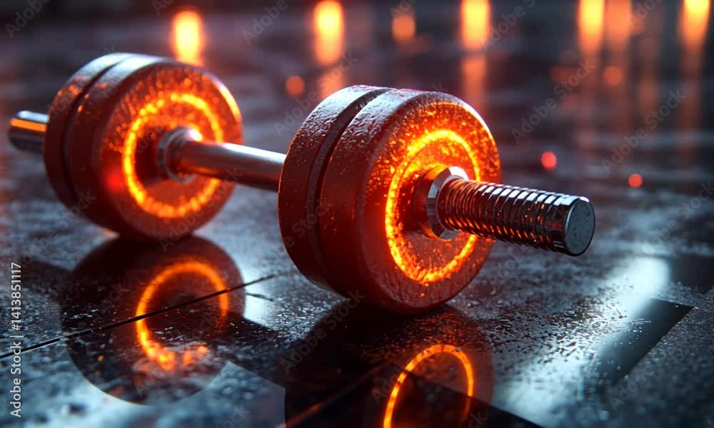 Glowing barbell resting on a wet floor, illuminated by ambient light, showcasing a fitness theme