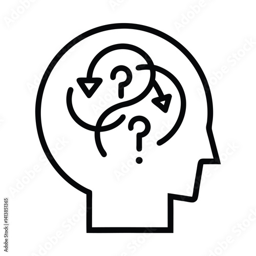 Abstract Mindset Icon with Question Marks in Brain Outline on White Background