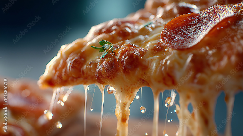 Nahaufnahme eines Pizzastücks mit geschmolzenem Käse, der in langen Fäden gezogen wird, auf dunklem Hintergrund