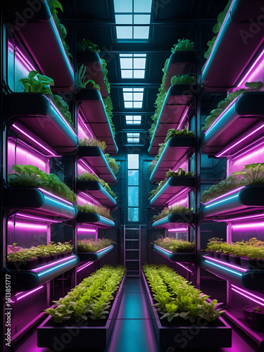 A cyberpunk-inspired urban farm, with glowing neon hydroponic gardens inside a futuristic megacity