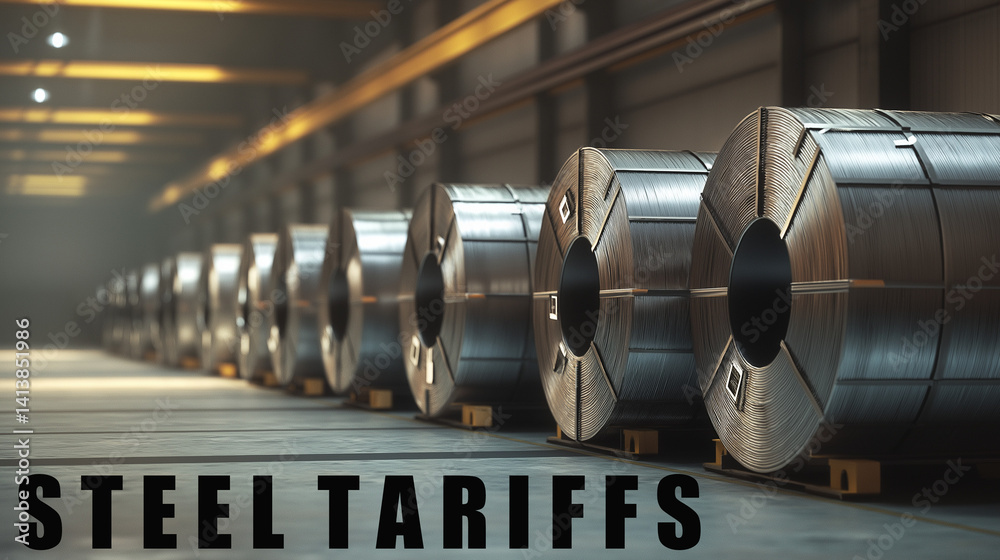 Rolls of steel with the words Steel Tariffs
