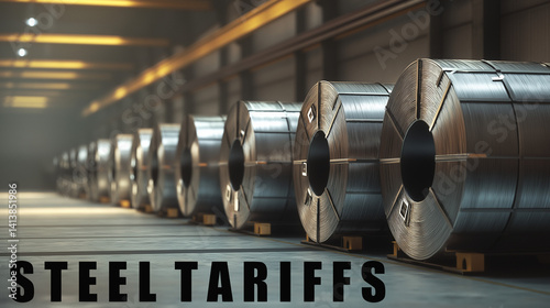 Obraz na płótnie Rolls of steel with the words Steel Tariffs w salonie