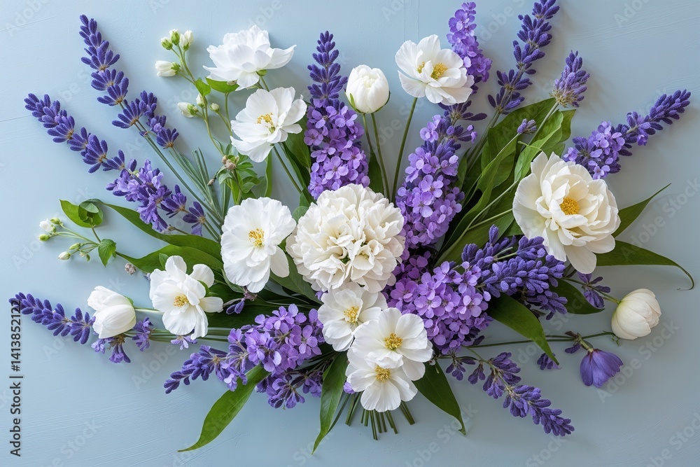 Spring Floral Arrangement of Lavender and White Blooms on a Light Azure Tabletop