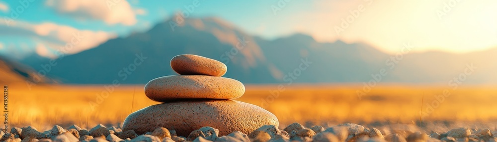 Sustainable Living Powered by Green Energy and Mindful Consumption, Stacked stones in a tranquil landscape with mountains in the background and a warm, soft sky.