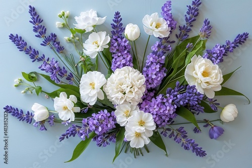 Obraz na płótnie Spring Floral Arrangement of Lavender and White Blooms on a Light Azure Tabletop w salonie
