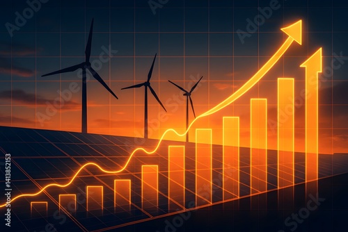 Photovoltaic power station with double exposure of digital financial chart graphs and stock market. Increase or rising in electricity prices on the world market. Green energy in full development