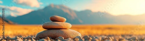 Obraz na płótnie Sustainable Living Powered by Green Energy and Mindful Consumption, Stacked stones in a tranquil landscape with mountains in the background and a warm, soft sky. w salonie