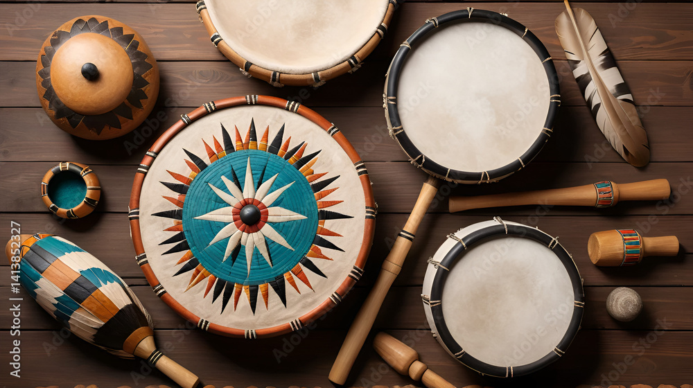 Top View of Native American Drums and Rattles for Sacred Spiritual Ceremonies Top View of Native American Drums and Rattles for Sacred Spiritual Ceremonies