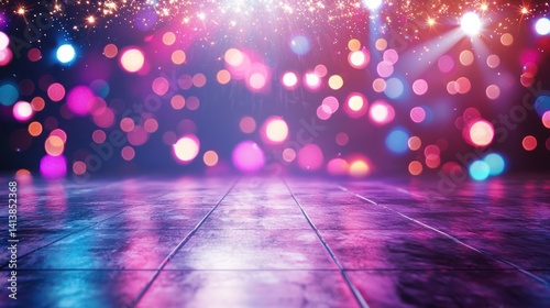 A lively party background featuring a dance floor and sparkling lights
