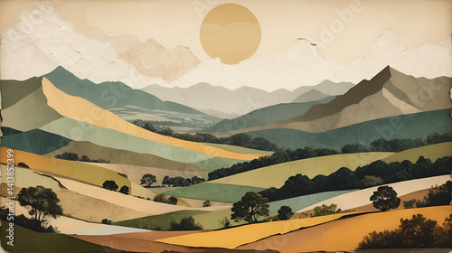 Vintage Collage Landscape with Torn Paper Textures and Soft Shadows in Earthy Tones