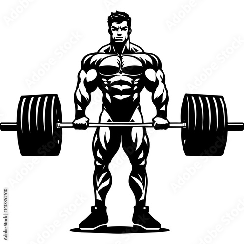Sketchy engraving emblem of muscular powerlifter lifts record weight barbell in monochrome. Engraving minimalistic vector in black ink drawing on transparent background