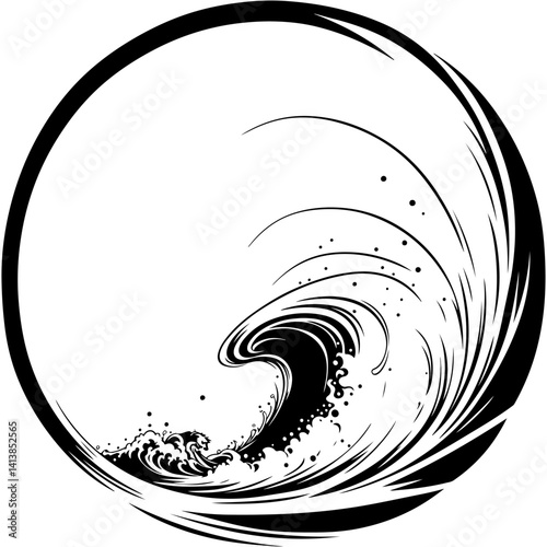 Sketchy engraving emblem of round ring frame in the shape of a tidal wave in monochrome. Engraving minimalistic vector in black ink drawing on transparent background