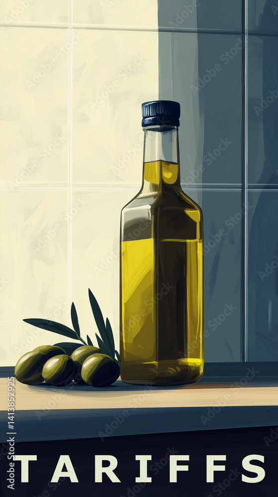 Bottle of oil with fresh olives and the word tariffs in all caps