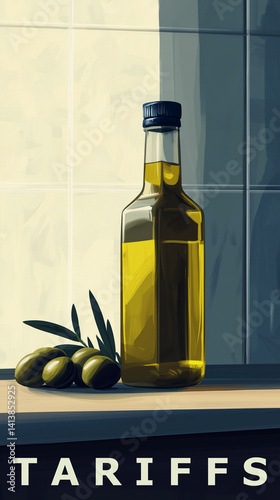 Obraz na płótnie Bottle of oil with fresh olives and the word tariffs in all caps w salonie