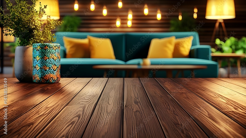 Fototapeta premium Wooden Tabletop Mockup, Teal Sofa, Boho Decor - Bohemian style