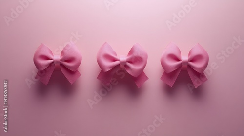 Three delicate pink bows arranged in a row on a pastel pink surface
