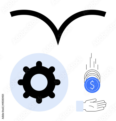Gear symbolizing automation, coins falling onto a hand for financial transactions, and abstract curve for scalability. Ideal for finance, innovation, technology, automation, earnings, growth simple