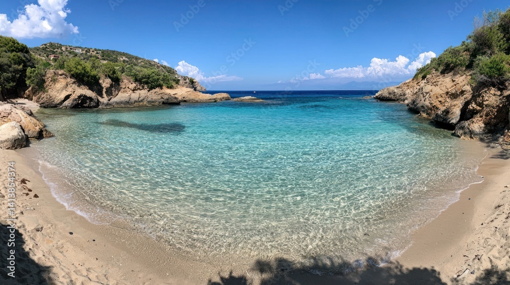 Naklejka premium A wide panoramic view of a sandy beach with clear turquoise water