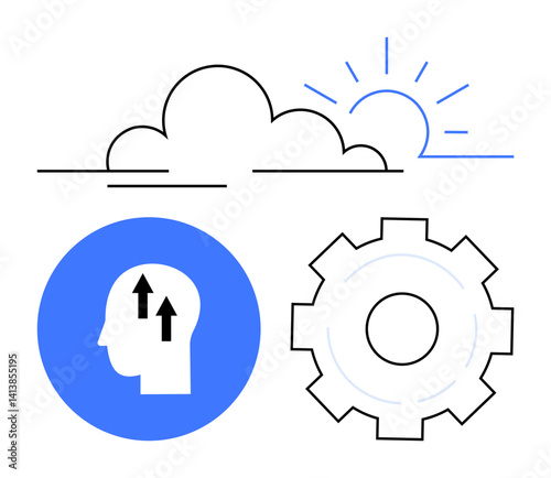 Blue head with upward arrows, gear, cloud, and sun emphasizing growth, problem-solving, and optimism. Ideal for productivity, innovation, self-improvement strategy progress teamwork simple