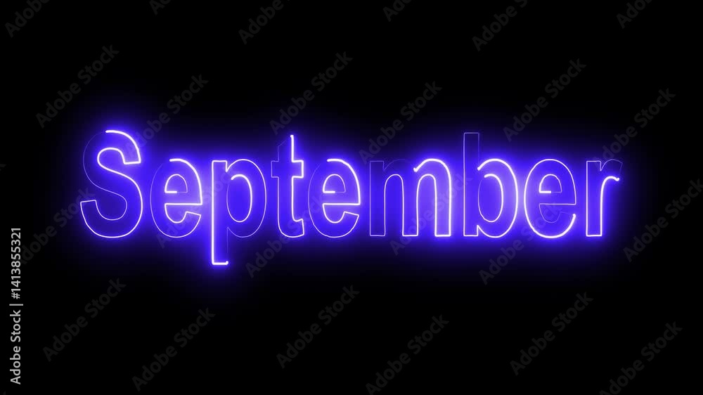 September text neon glowing animation. Neon glow signs in seamless loop motion graphic .neon text icon animation with neon glowing rectangle frame.blue color neon text and Black background .