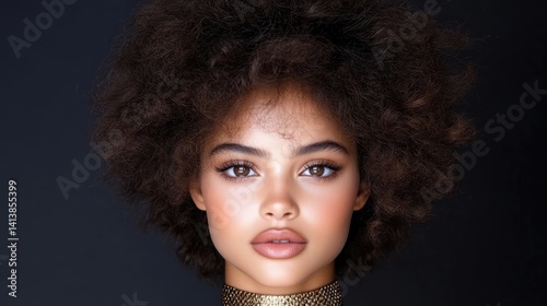 Close-up portrait of a young woman with voluminous curly hair and flawless makeup