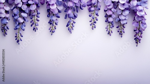 A beautiful display of cascading purple wisteria flowers against a soft, light background, creating an elegant and serene atmosphere.