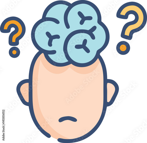 Doubtful Mind with Question Marks, Puzzled Brain Icon on a Transparent Background