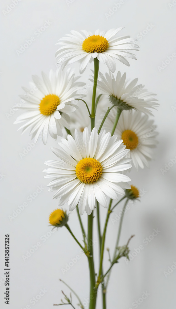 Obraz premium Elegant white daisies softly illuminated against a neutral background. AI Generated