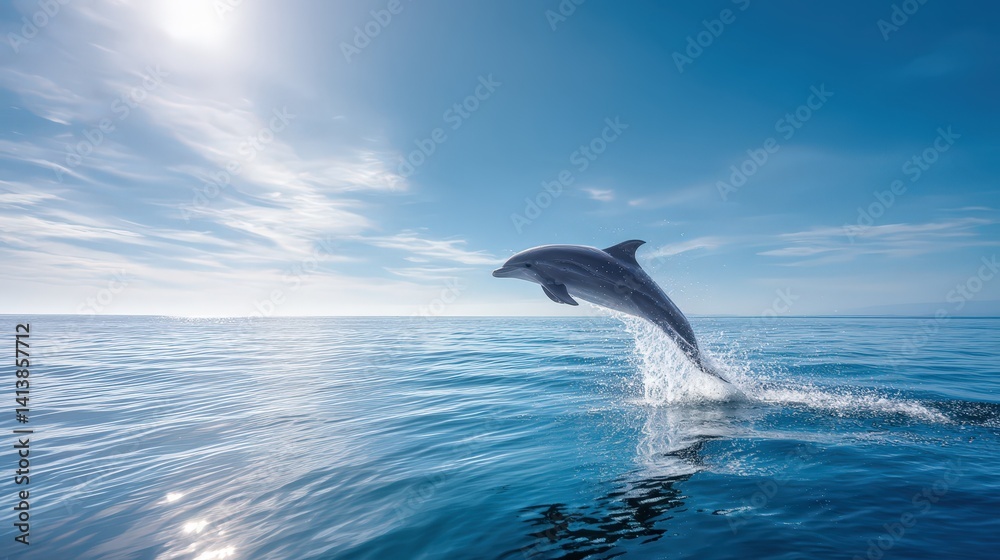Fototapeta premium Majestic Dolphin Leaps High Above Ocean Waves Under a Sunny Sky