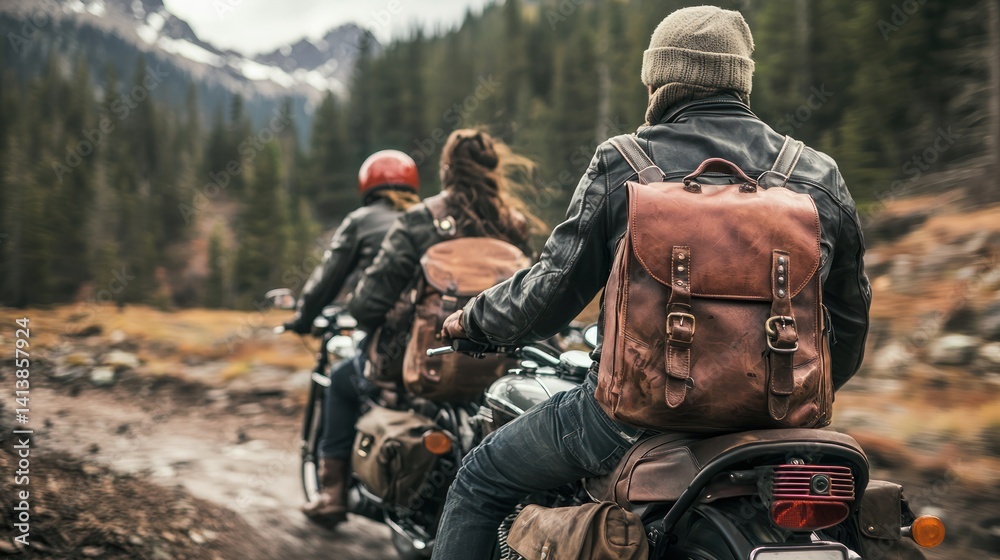 Fototapeta premium A group of friends on motorcycles riding through a scenic landscape.