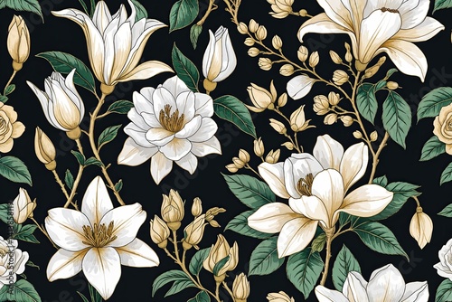 Elegant Botanical Wallpaper with Lily, Rose, and Magnolia Designs in Gold Line Art for Weddings and Celebrations