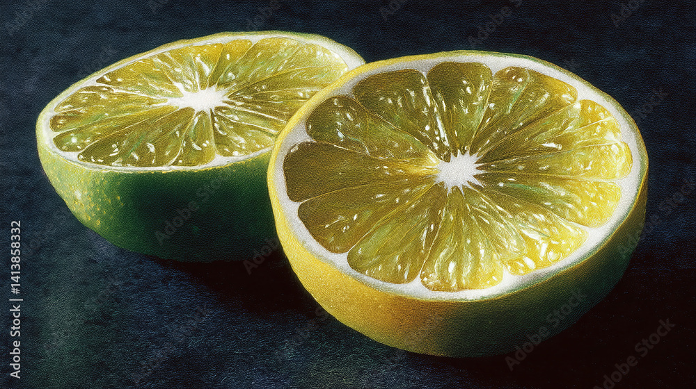 Yuzu citrus halved vibrant yellow-green aromatic fruit